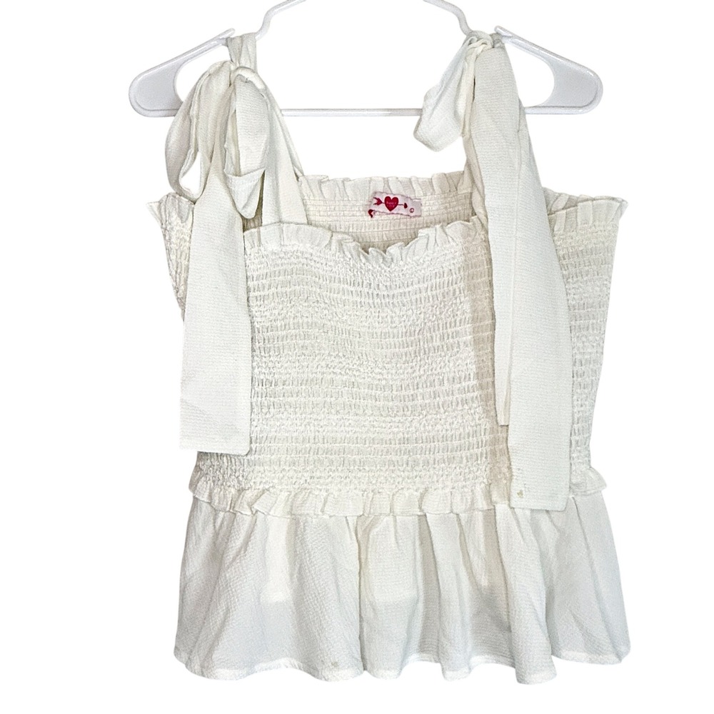 BuddyLove Candy White Smocked Tie Strap Peplum Top Women's Large